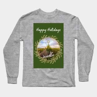 Happy Holidays - Rustic Evergreen and Gold Leaves Long Sleeve T-Shirt